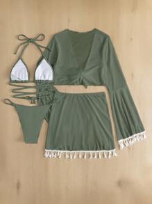 SHEIN Swim 4入組純色十字結紮比基尼套裝,帶有流蘇遮陽罩套裝 - 軍綠色 - 查看 4