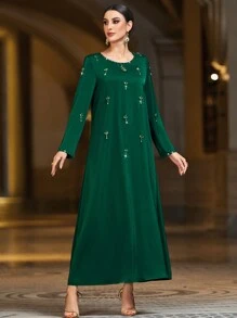 Al Najma Dark Green Gold Silk Satin Handmade Beaded Robe Kaftan Jalabiya Dress - Dark Green - View 5