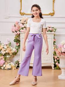 Tween Girls' Double Breasted Sleeveless Suit Jacket With Square Collar, Knitted Short Sleeve T-Shirt, Detachable Belt Flared Pants 3pcs/Set - Lilac Purple - View 6