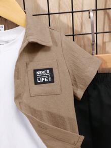 SHEIN Baby Boy's Button Down Collar Short Sleeve Top, Solid Color Long Pants Two Pieces Outfit