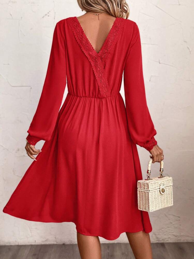 Valentine Lace V-Back Long Sleeve Women's Dress Without Belt Christmas Winter New Year Red Casual