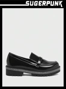 Sugerpunk Women's Black Round Toe Chunky Heel Work Shoes With Rhinestone Detail, Casual Unisex Loafers - Black - View 5
