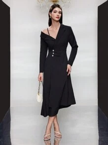 Modelyn 女式不对称领口长袖连衣裙长款女装 - 黑色 - 查看 5