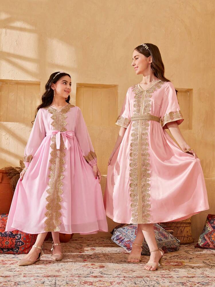 Teen Girl's Elegant Jacquard Gold Lace-Up Bell Sleeve Dress