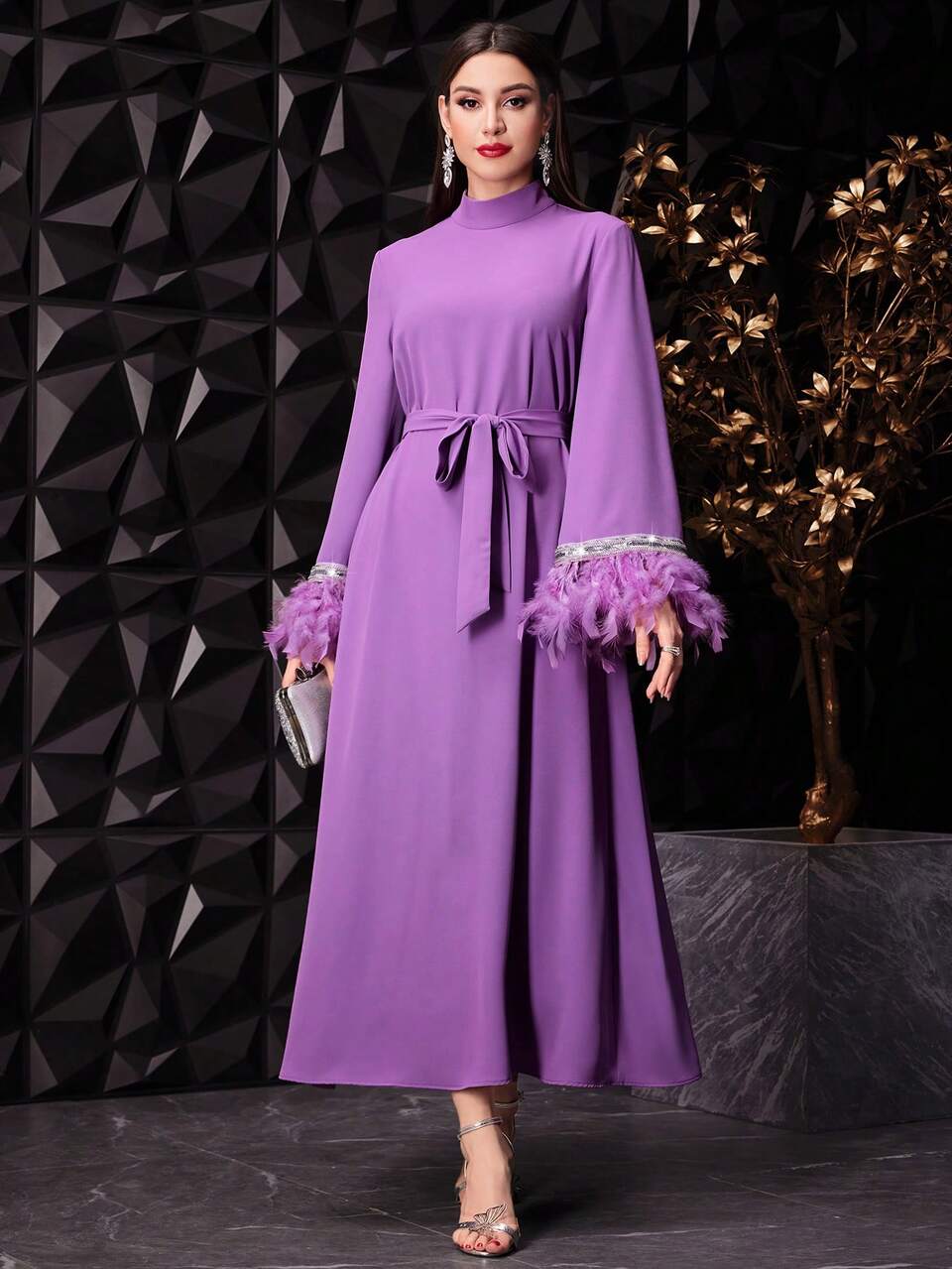 Women's Stand Collar Sparkly Ribbon Patchwork Dress With Furry Cuffs Long Evening Dresses