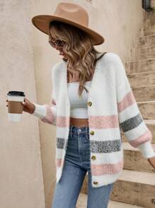 SHEIN Frenchy Striped Pattern Drop Shoulder Fuzzy Cardigan,Earthy,Airport - Pink - View 5
