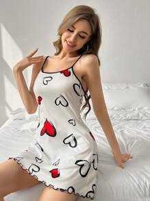 Colorblock Heart Printed Cami Pajama Dress With Lace Trim - White - View 4