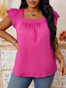 Calvaya Plus Size Women's Square Neck Short Flutter Sleeve T-Shirt - Hot Pink - View 3