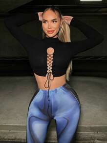 SHEIN SXY Của phụ nữ Gợi cảm Xu hướng: Cắt giảm Dây đeo Tay áo dài Áo thun - màu đen - Xem 1