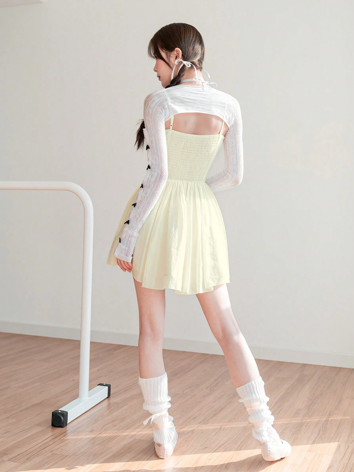SHEINNeu Balletcore Sweet Kawaii LaceUp Bow Summer Yellow Ruffle Hem