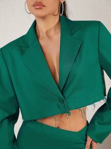 Hauture Raw Edge Crop Blazer & Skirt Set - Olive Green - View 3