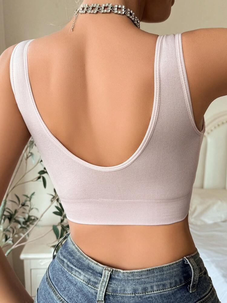 Women's Pink Casual Plain Ribbed Bralette With Slight Stretch And Built-In Bra For Everyday Wear