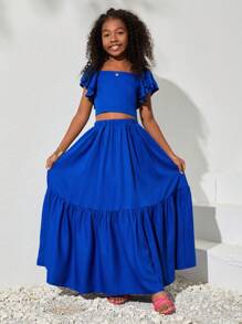 SHEIN 少女春夏休闲纯色梭织方领荷叶袖上衣配半裙套装 - 寶藍色 - 查看 6