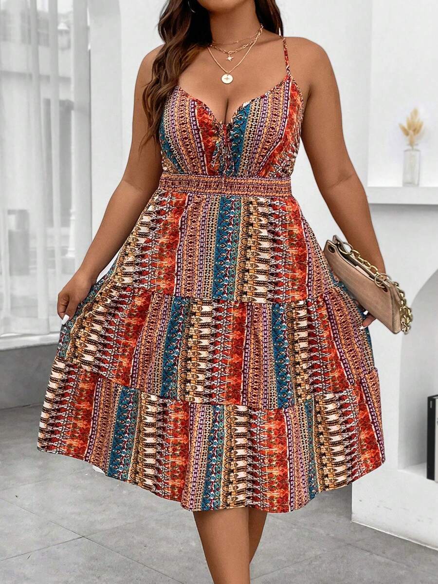 Breezaya Váy dây mảnh in họa tiết Boho cỡ lớn cho mùa hè - Đỏ - Xem 1