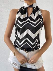 SHEIN Privé Của phụ nữ Không tay Áo sơ mi Với Dợn sóng Mẫu sọc , Có nút Vòng cổ - Nhiều màu - Xem 4