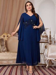 Modelyn Plus Size Embroidered Cape Sleeve Shift Dress Long Evening Dresses - Navy Blue - View 6