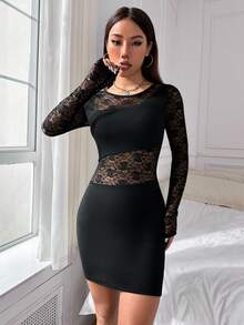 SHEIN Unity 性感圓領長袖蕾絲拼接裙 - 黑色 - 查看 6