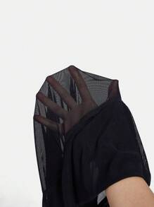 SHEIN BAE 一字肩褶邊網紗上衣 - 黑色 - 查看 7