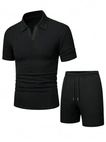 Manfinity Homme Men's 2pcs/Set Vacation Casual Plain Ribbed Short Sleeve Polo Shirt & Shorts, Boyfriend Gift - Black - View 4