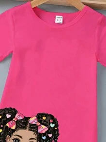 SHEIN Vestido De Manga Corta Con Impresión De Letra De Dibujo Animado De Niña Joven - Multicolor - Ver 4