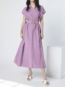 Mulvari Women's Solid Color Batwing Short Sleeve Collared Dress - Baby Pink - View 4