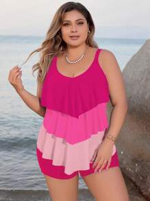 SHEIN Swim Curve Bãi biển mùa hè Plus Size Colorblock Xù Cami Top và Bộ Tankini cạp cao kèm quần short để bơi lội - Hồng - Xem 6