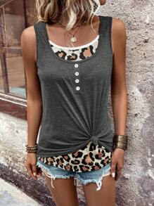 SHEIN LUNE Color Block Leopard Printed Panel Twisted Detail 2-In-1 Tank Top Graphic Tees Women Tops - Dark Grey - View 4