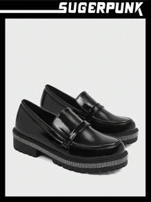 Sugerpunk Women's Black Round Toe Chunky Heel Work Shoes With Rhinestone Detail, Casual Unisex Loafers - Black - View 7