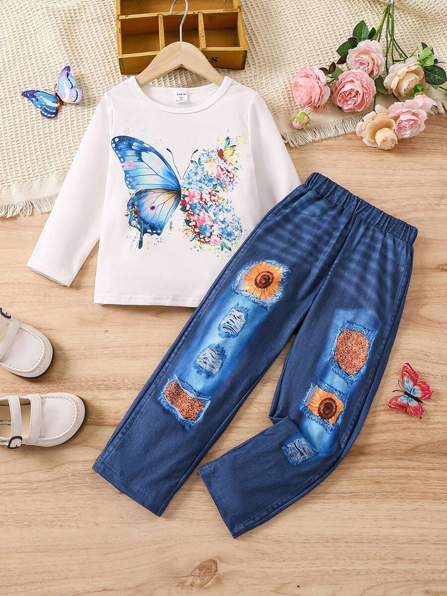 SHEIN 2 件套年轻女孩休闲蝴蝶印花 T 恤和牛仔效果裤套装，适合春秋季 - 彩色 - 查看 1