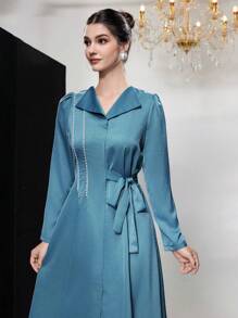 Modelyn 女式束带 A 字形连衣裙，配编织饰边细节长款晚礼服 - 藍色 - 查看 1