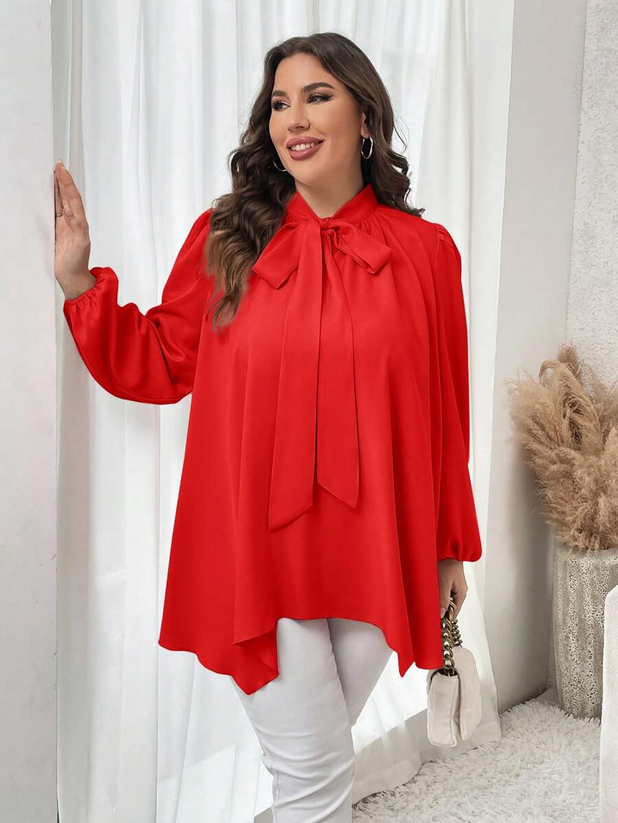 SHEIN Clasi Plus Size Xuân Thu Áo Sơ Mi Họa Tiết Hoa Thông Thường Có Cổ Cà Vạt Và Viền Bất Đối Xứng Áo Sơ Mi Giáo Viên - Đỏ - Xem 1