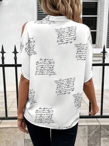 SHEIN Clasi 女款缺肩口號印花缺口領襯衫 - 黑與白 - 查看 2