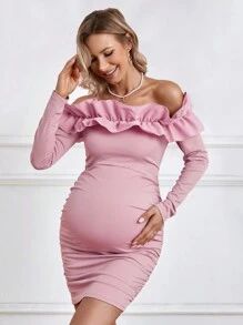 SHEIN 孕婦露肩荷葉邊修身連衣裙 - 粉色 - 查看 1
