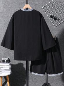 SHEIN 青少年男孩鑽石圖案編織上衣和短褲套裝 - 黑色 - 查看 5
