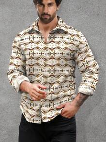 男士几何图案衬衫，春秋时尚 - 彩色 - 查看 1