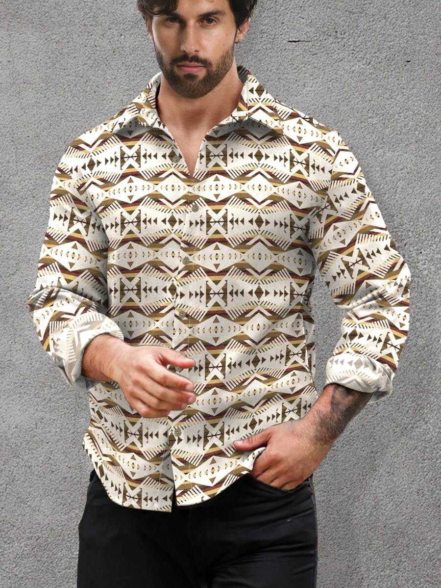 男士几何图案衬衫，春秋时尚 - 彩色 - 查看 1