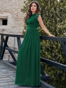 MIUSOL Elegant Floral Lace Mock Neck Cap Sleeve Pleated Hem Prom Party Dress Formal Evening Wedding Guest Gown, For Graduation, Dinner - Dark Green - View 5