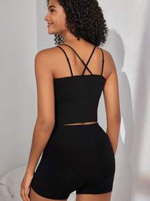 Ocili Leisure Extremely Stretchy Seamless & Skin-Friendly Non-Removable Padding Comfortable Solid Double Shoulder Straps Women Tops Black - Black - View 2