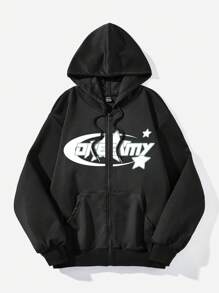 Attitoon Áo nỉ nữ dáng rộng, dày dặn, có mũ, khóa kéo, họa tiết chữ cái và ngôi sao, thích hợp cho mùa thu/đông. - màu đen - Xem 1