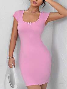 SHEIN Qutie Đầm bodycon trơn màu có trang trí nơ cho nữ - Hồng - Xem 6