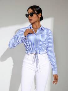 SHEIN Privé 条纹下摆系腰女式衬衫 - 藍色 - 查看 6