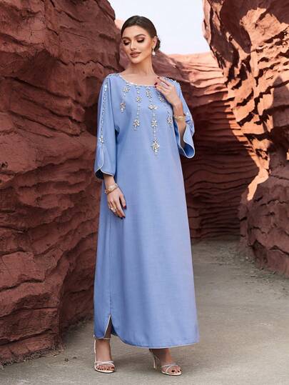 Layrah Váy dạ hội thanh lịch, sang trọng, dài tay, đính đá, màu xanh lam, giản dị, váy Maxi Ả Rập, Kaftan