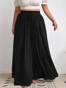 SHEIN CURVE+ Plus Size Women's Wide Leg Pants With Waist Tie