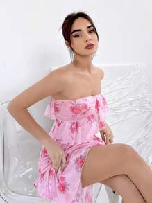 SHEIN Privé Vestido de tubo con estampado floral y ribete de volantes - Rosa - Ver 2