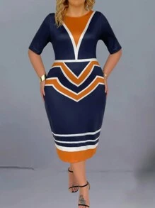 SHEIN Clasi 大码拼色紧身连衣裙 - 藏蓝色 - 查看 3