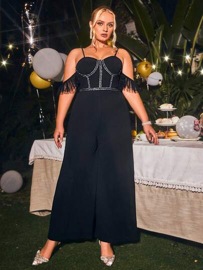 Glamaker Plus Size Hollow Out Shoulder Mesh Jumpsuit With Ruffle Edge