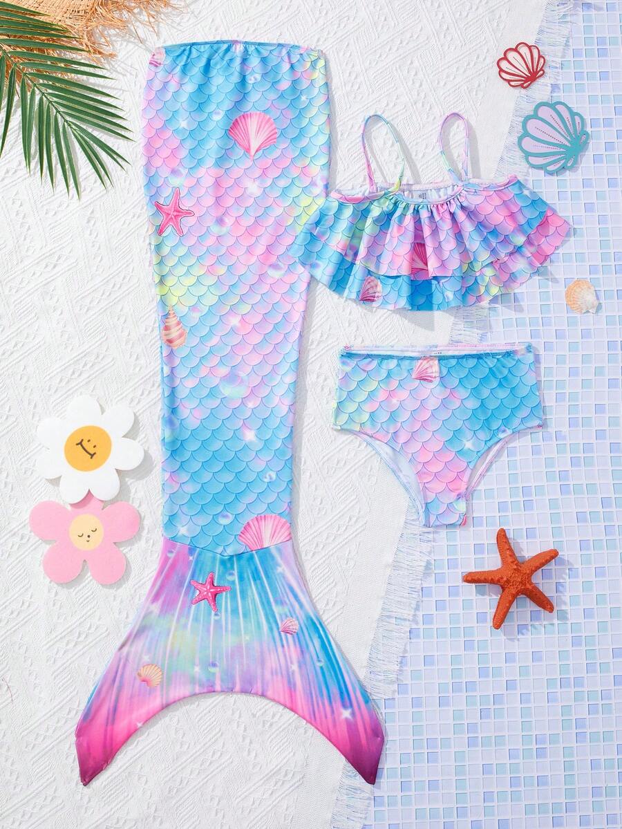 SHEIN 3 Cái/bộ Cô Gái Trẻ Dệt Kim Ren Dây Bể Dệt Kim Tam Giác Bikini Và Nàng Tiên Cá Bikini Bộ Đi Biển Mùa Hè - Màu Hồng baby - Xem 1