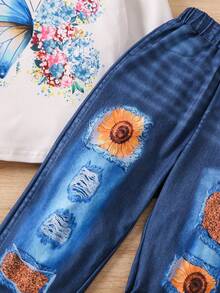 SHEIN 2 件套年轻女孩休闲蝴蝶印花 T 恤和牛仔效果裤套装，适合春秋季 - 彩色 - 查看 7