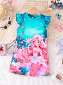 SHEIN Young Girls' Cartoon Cute Mermaid Ruffle Trim Dress For Summer - Blue - View 5