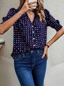 SHEIN LUNE Áo sơ mi nữ viền lá sen Dải chun Nút phía trước Chấm bi Giải trí - Màu xanh hải quân - Xem 6